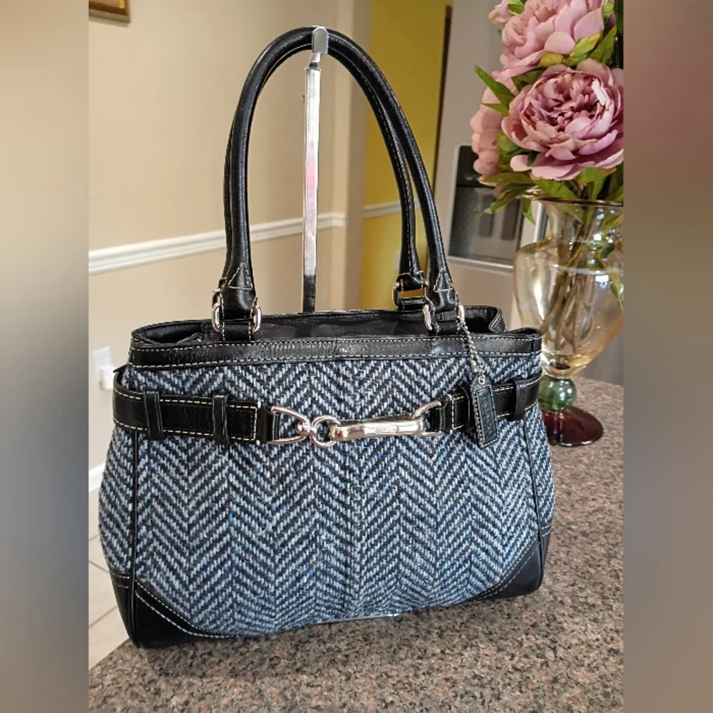 Coach Hampton Blue Black Wool Tweed Leather Trim Satchel - Picture 10 of 15